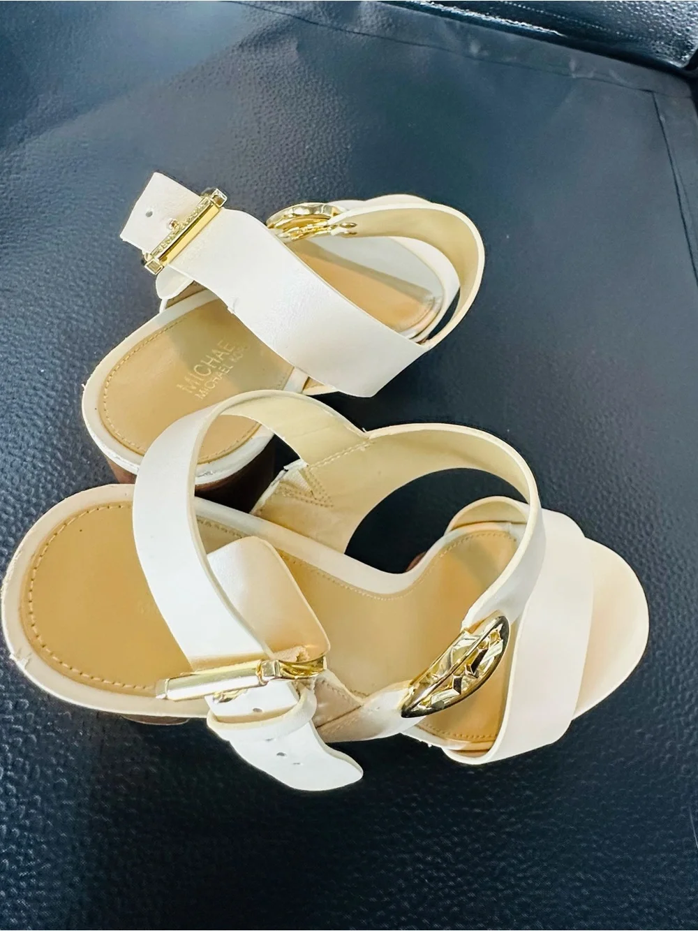 MICHAEL KORS Cream Leather Platform Block Heel Sandals with Gold MK Logo